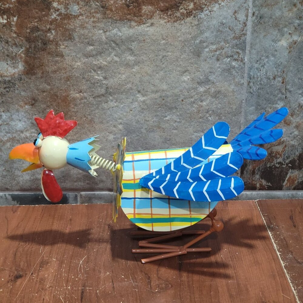 Metal Rooster Bobble Head Animated Chicken Sculpture Outdoor Yard Garden Decor